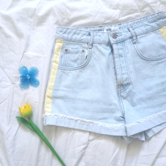 Zara Denim High Waisted Yellow Striped Jeans Shorts Sz 2 - Picture 5 of 16